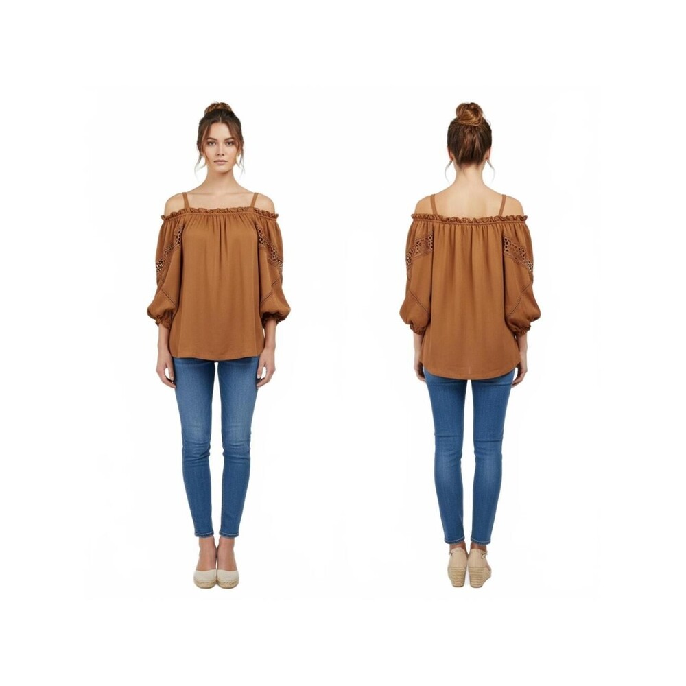 Max Studio Peasant Blouse Crochet Trim Boho Chic Top Brown Small